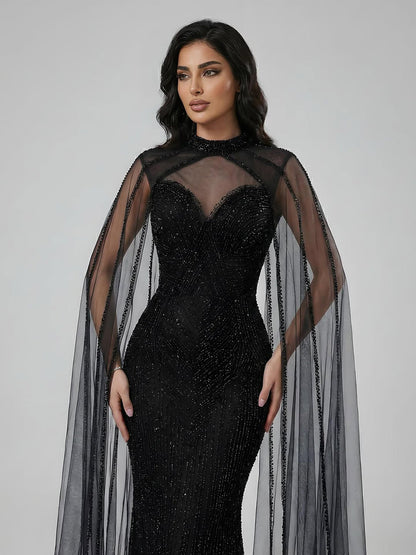 Luxury Caramel Beaded Mermaid Evening Dress with Cape Sleeves LA72233B