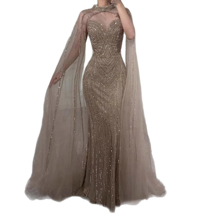 Luxury Caramel Beaded Mermaid Evening Dress with Cape Sleeves LA72233B
