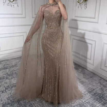 Luxury Caramel Beaded Mermaid Evening Dress with Cape Sleeves LA72233B