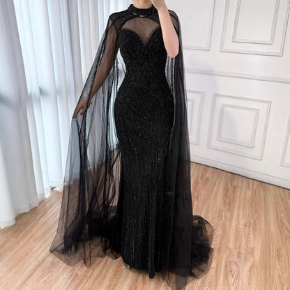 Luxury Caramel Beaded Mermaid Evening Dress with Cape Sleeves LA72233B