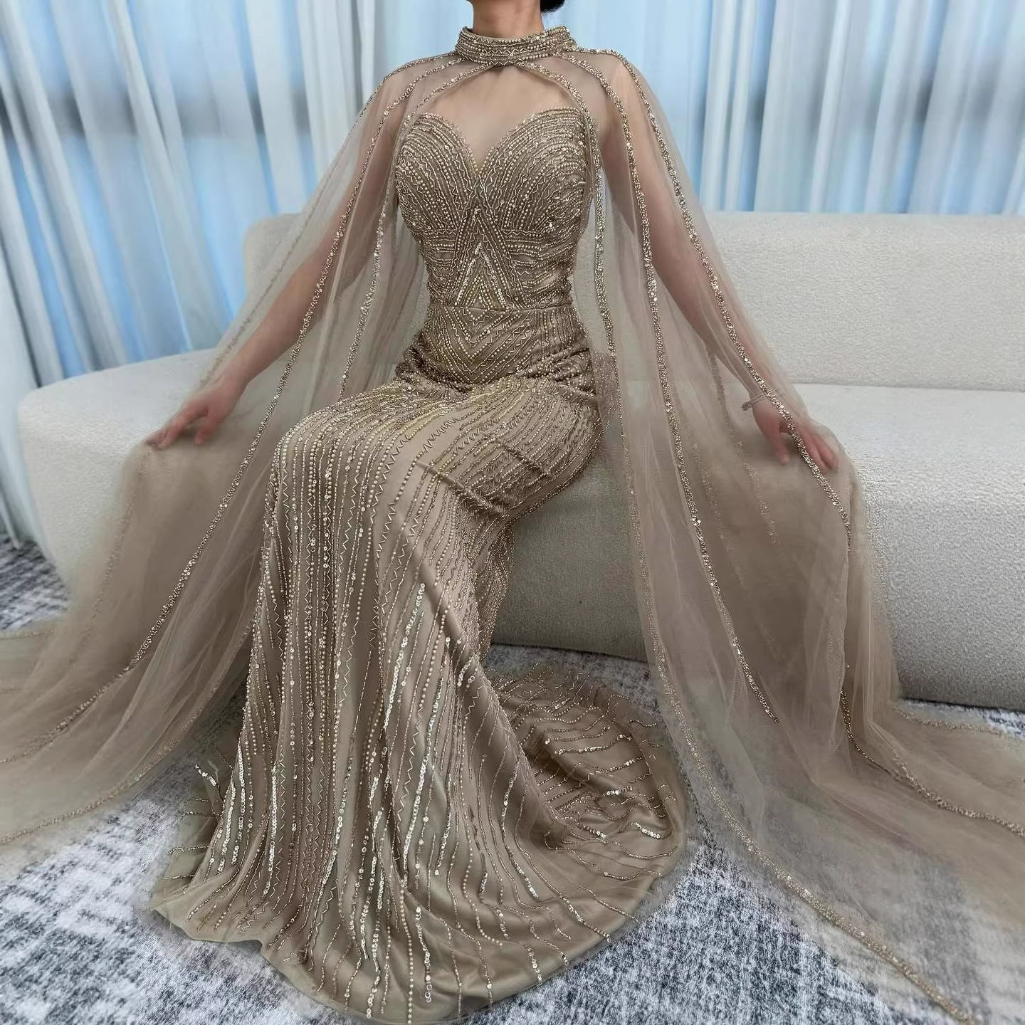 Luxury Caramel Beaded Mermaid Evening Dress with Cape Sleeves LA72233B