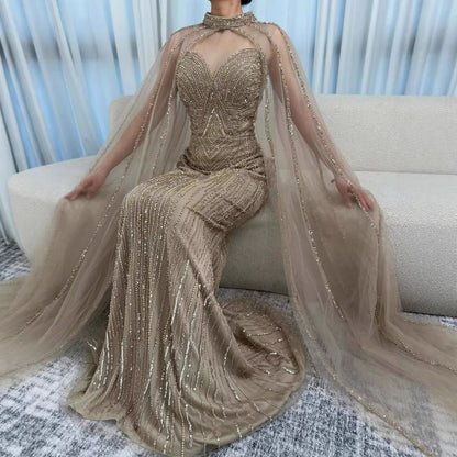 Luxury Caramel Beaded Mermaid Evening Dress with Cape Sleeves LA72233B