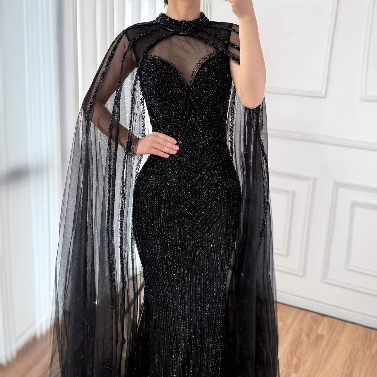 Luxury Caramel Beaded Mermaid Evening Dress with Cape Sleeves LA72233B