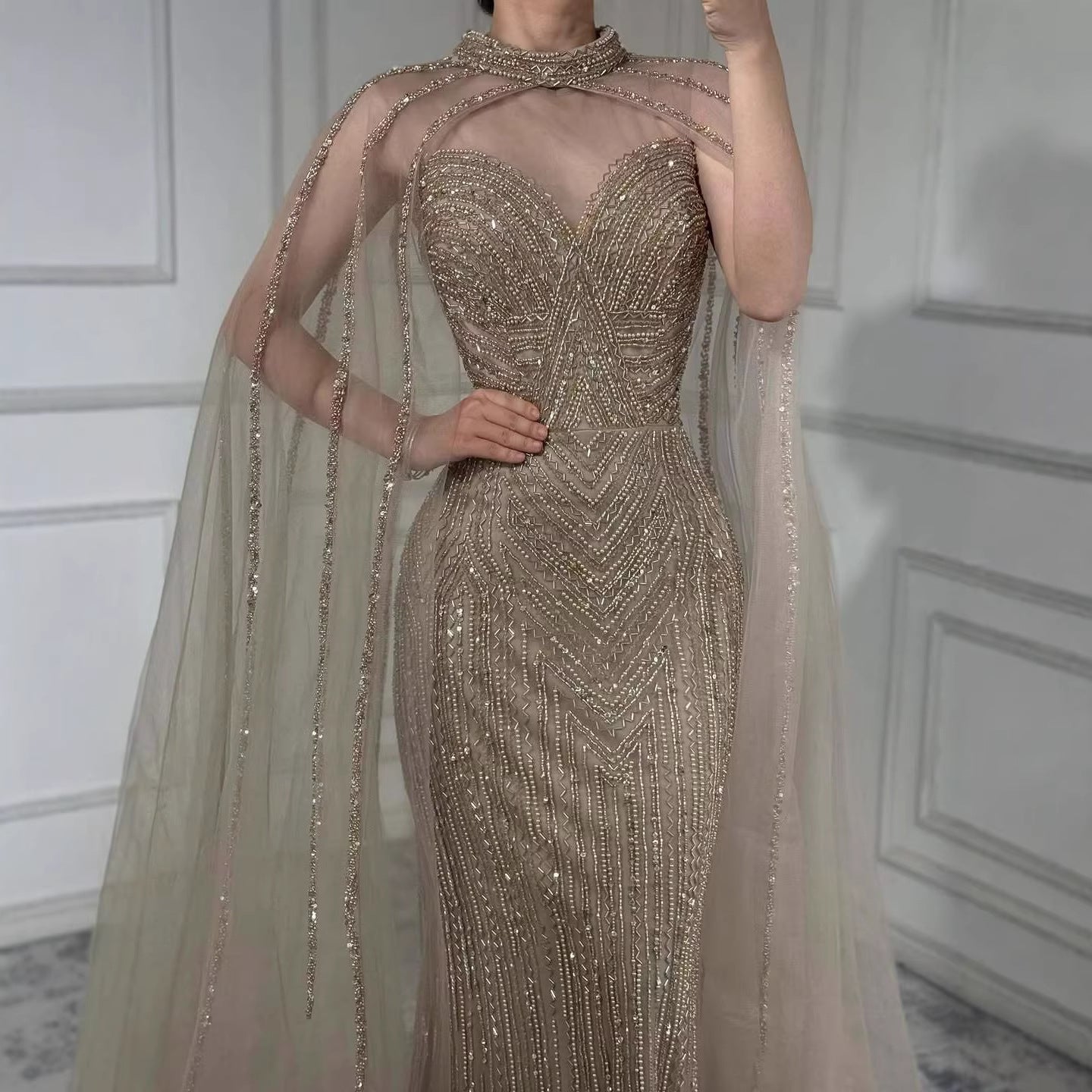 Luxury Caramel Beaded Mermaid Evening Dress with Cape Sleeves LA72233B