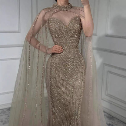 Luxury Caramel Beaded Mermaid Evening Dress with Cape Sleeves LA72233B