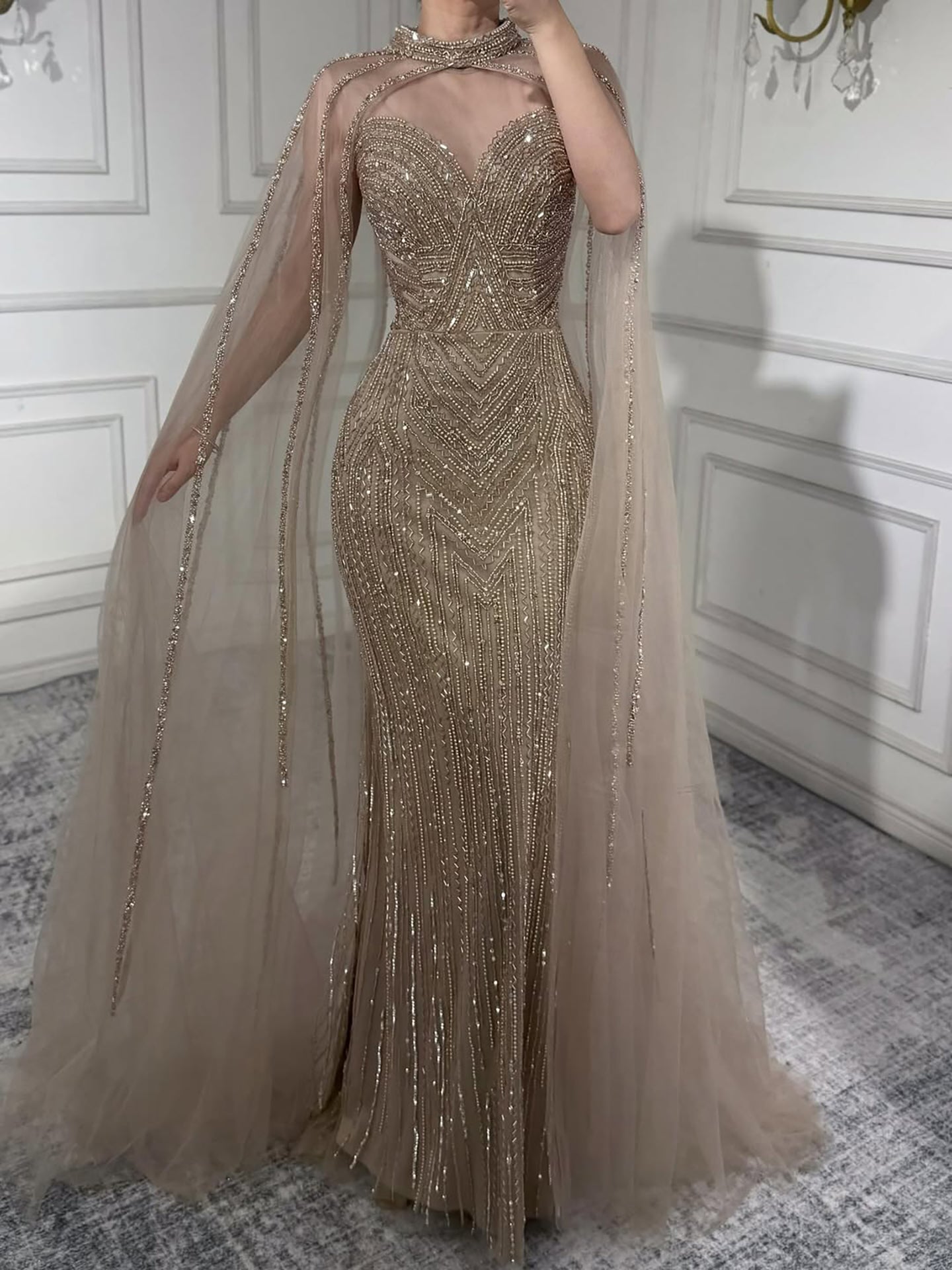 Luxury Caramel Beaded Mermaid Evening Dress with Cape Sleeves LA72233B