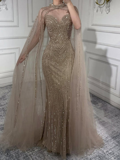 Luxury Caramel Beaded Mermaid Evening Dress with Cape Sleeves LA72233B