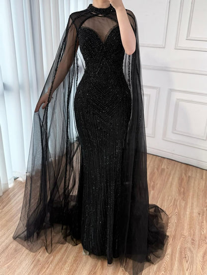 Luxury Caramel Beaded Mermaid Evening Dress with Cape Sleeves LA72233B