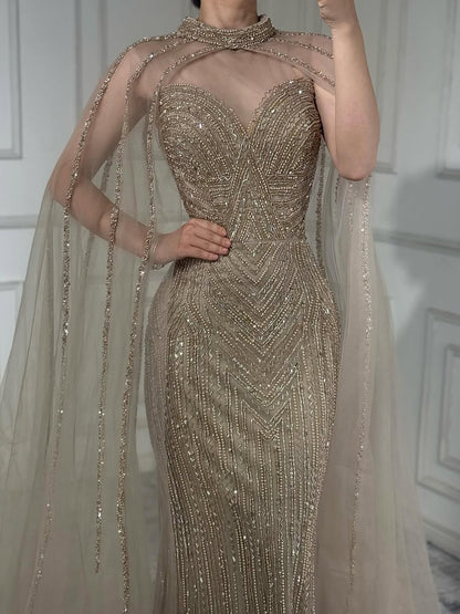 Luxury Caramel Beaded Mermaid Evening Dress with Cape Sleeves LA72233B