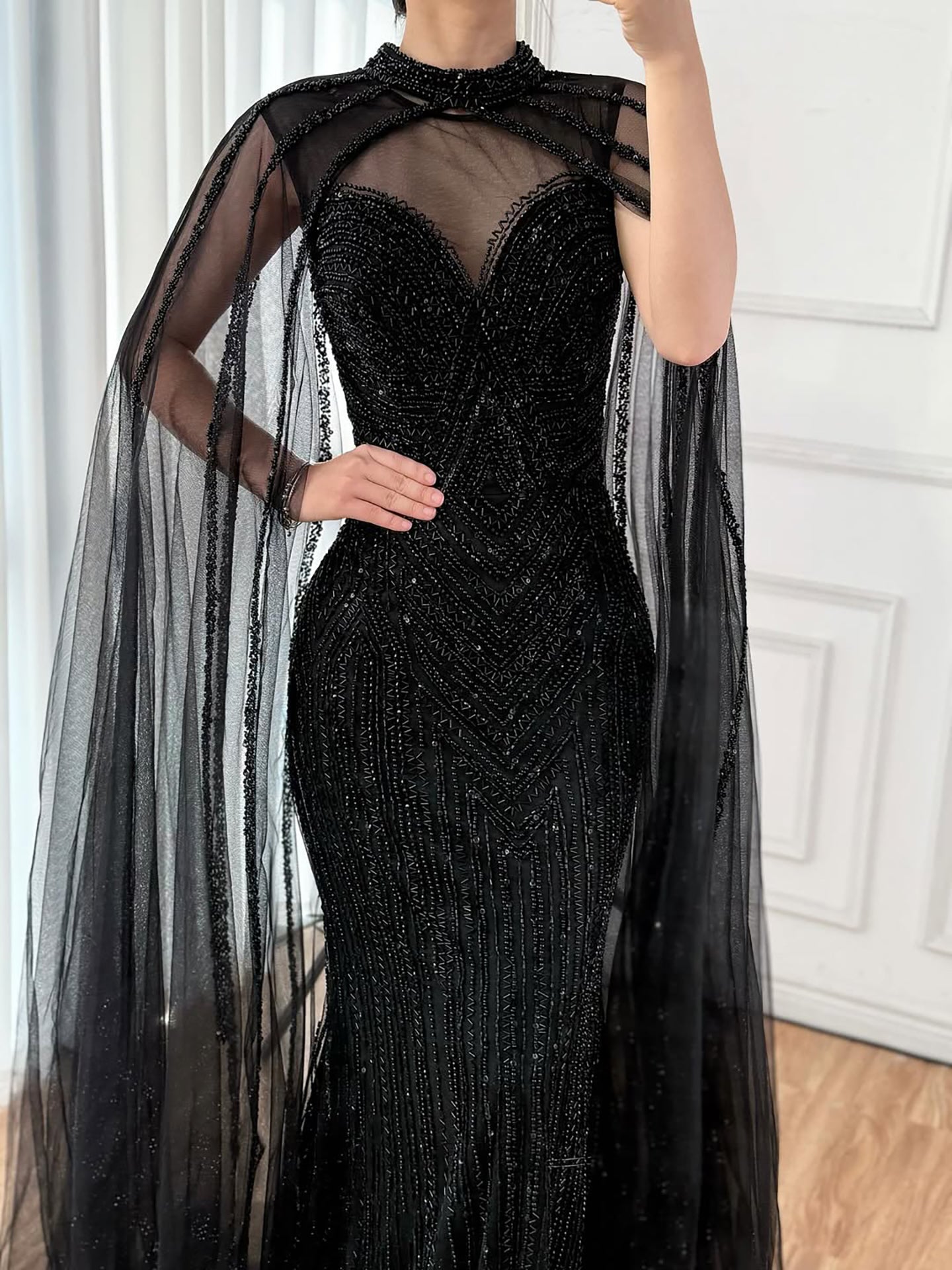 Luxury Caramel Beaded Mermaid Evening Dress with Cape Sleeves LA72233B