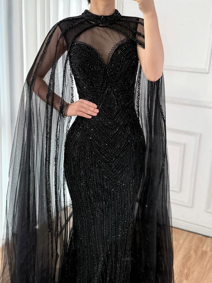 Luxury Caramel Beaded Mermaid Evening Dress with Cape Sleeves LA72233B