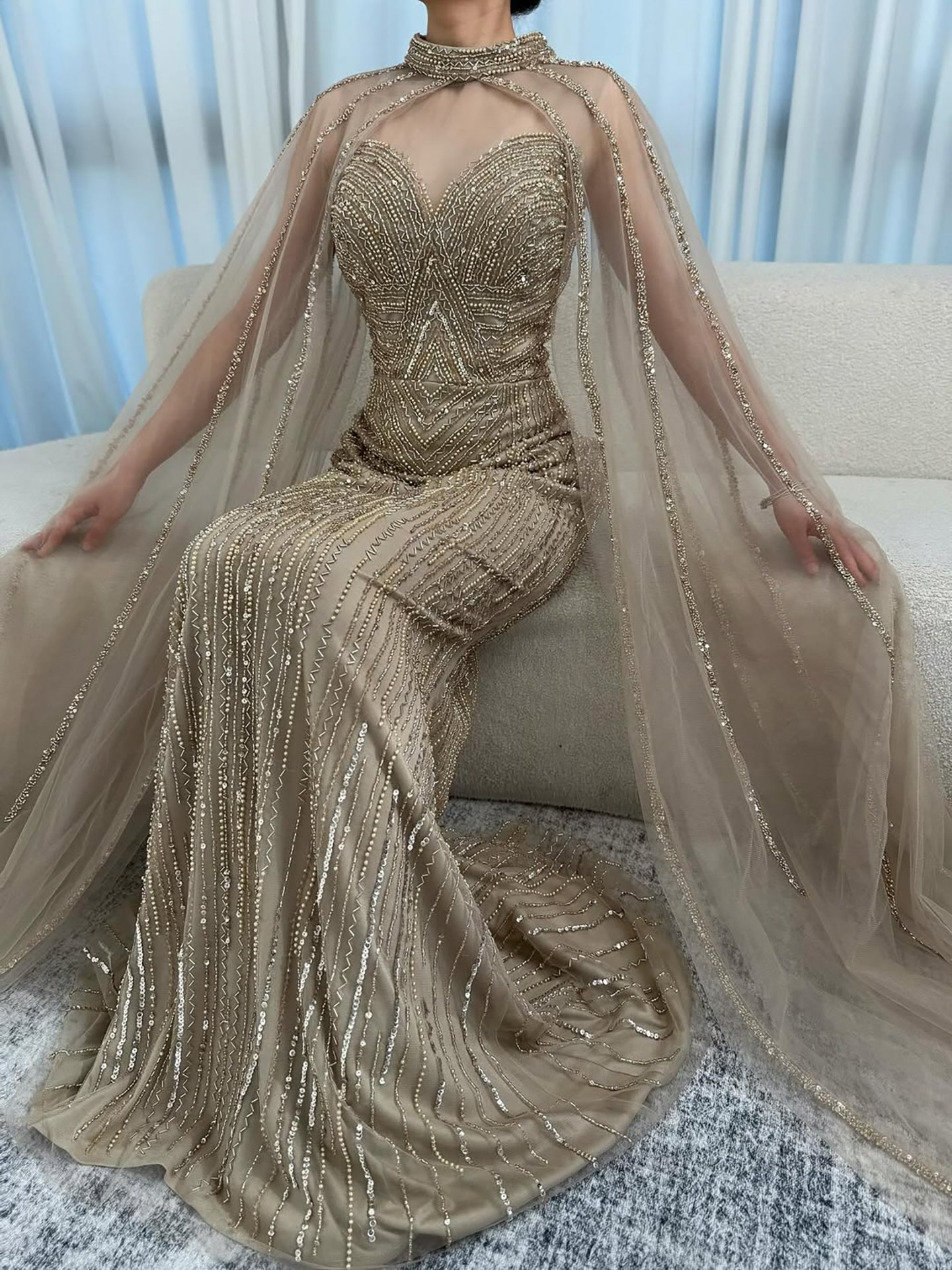 Luxury Caramel Beaded Mermaid Evening Dress with Cape Sleeves LA72233B