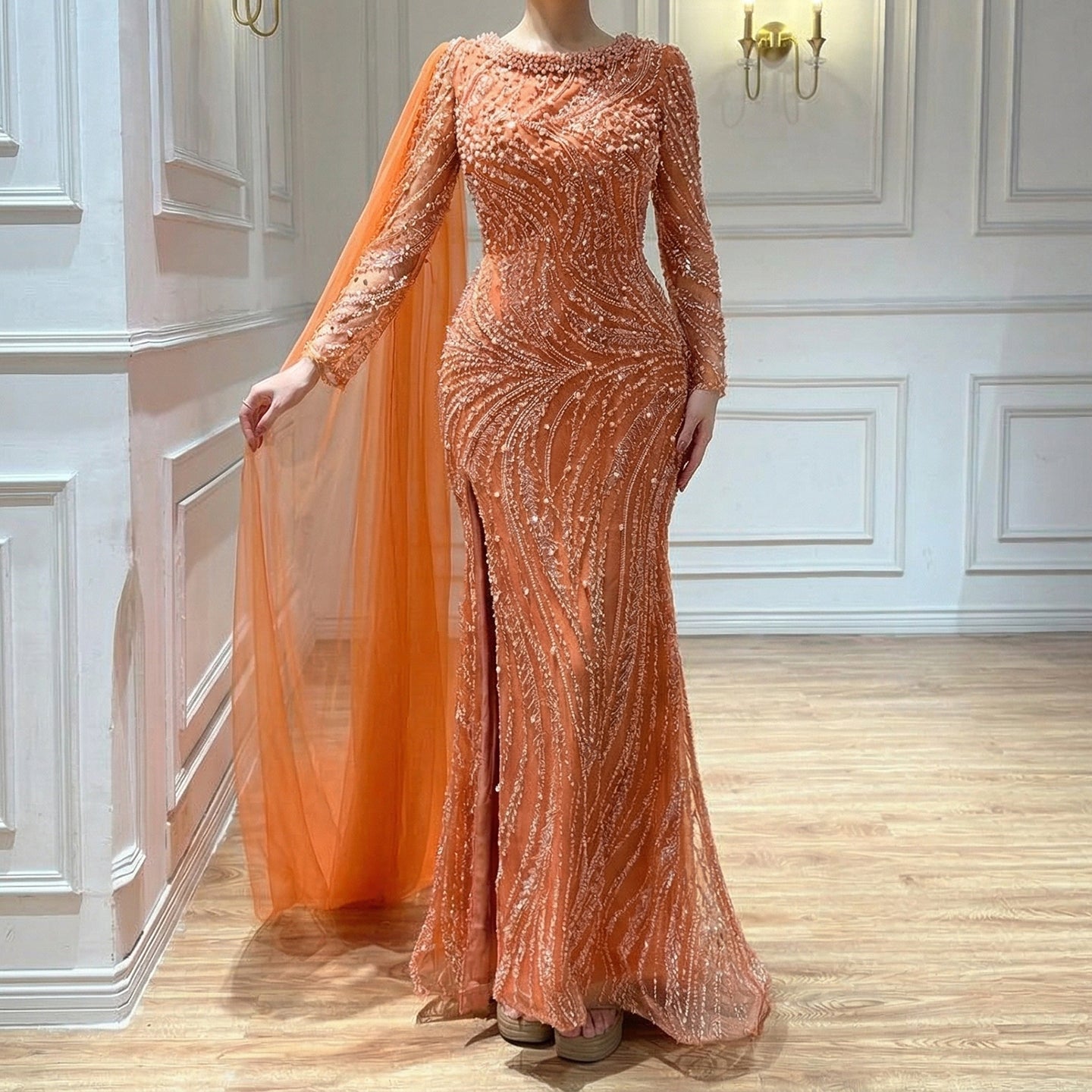 Luxury Orange Beaded Pearl Mermaid Evening Dress With Cloak Split LA72268A