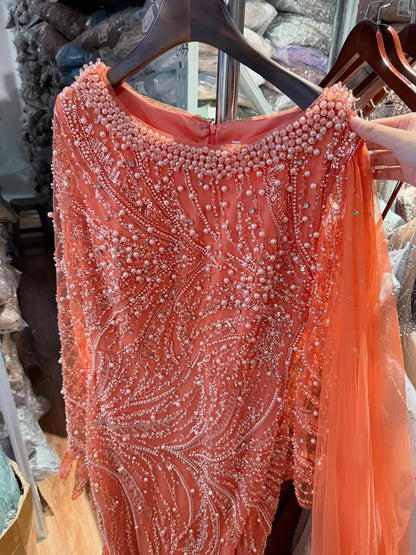 Luxury Orange Beaded Pearl Mermaid Evening Dress With Cloak Split LA72268A