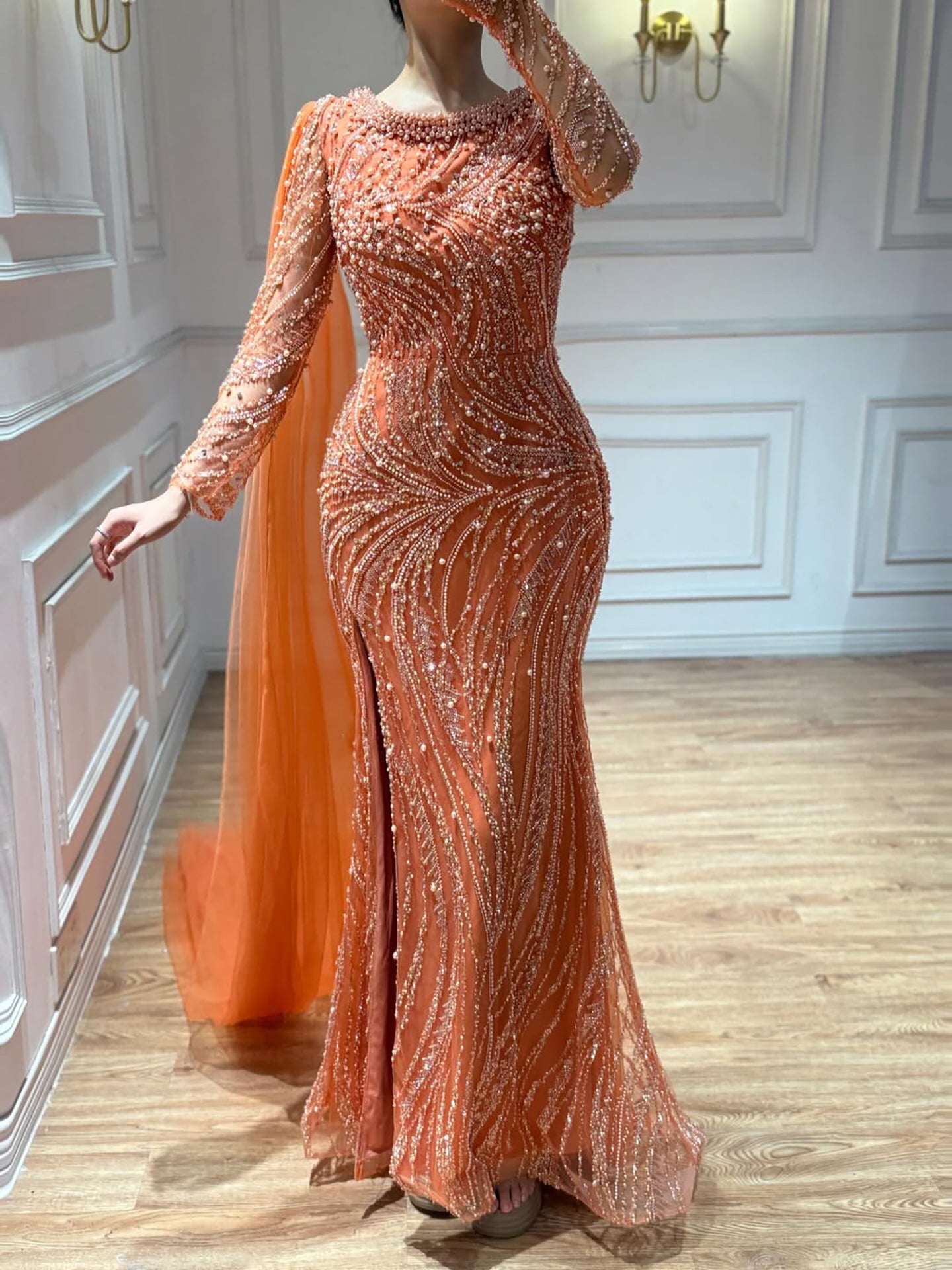 Luxury Orange Beaded Pearl Mermaid Evening Dress With Cloak Split LA72268A