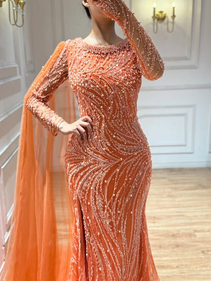Luxury Orange Beaded Pearl Mermaid Evening Dress With Cloak Split LA72268A