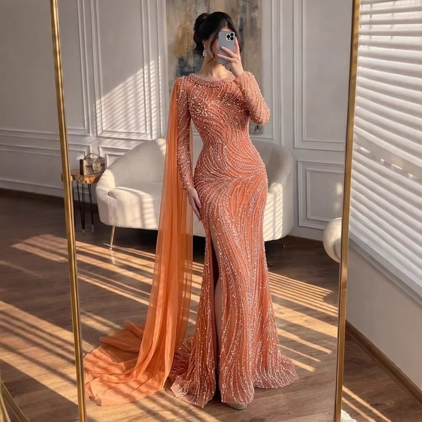 Luxury Orange Beaded Pearl Mermaid Evening Dress With Cloak Split LA72268A