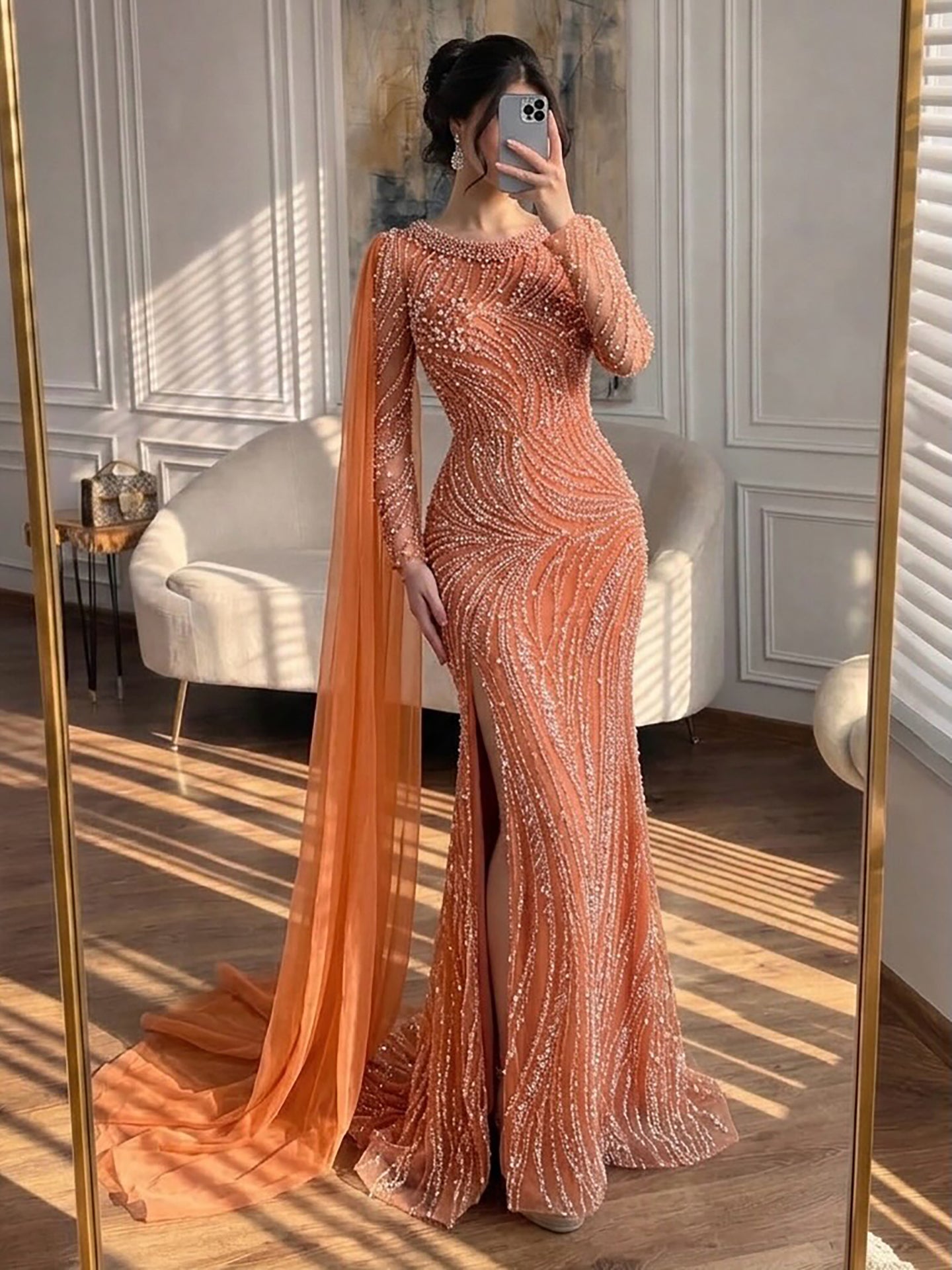 Luxury Orange Beaded Pearl Mermaid Evening Dress With Cloak Split LA72268A