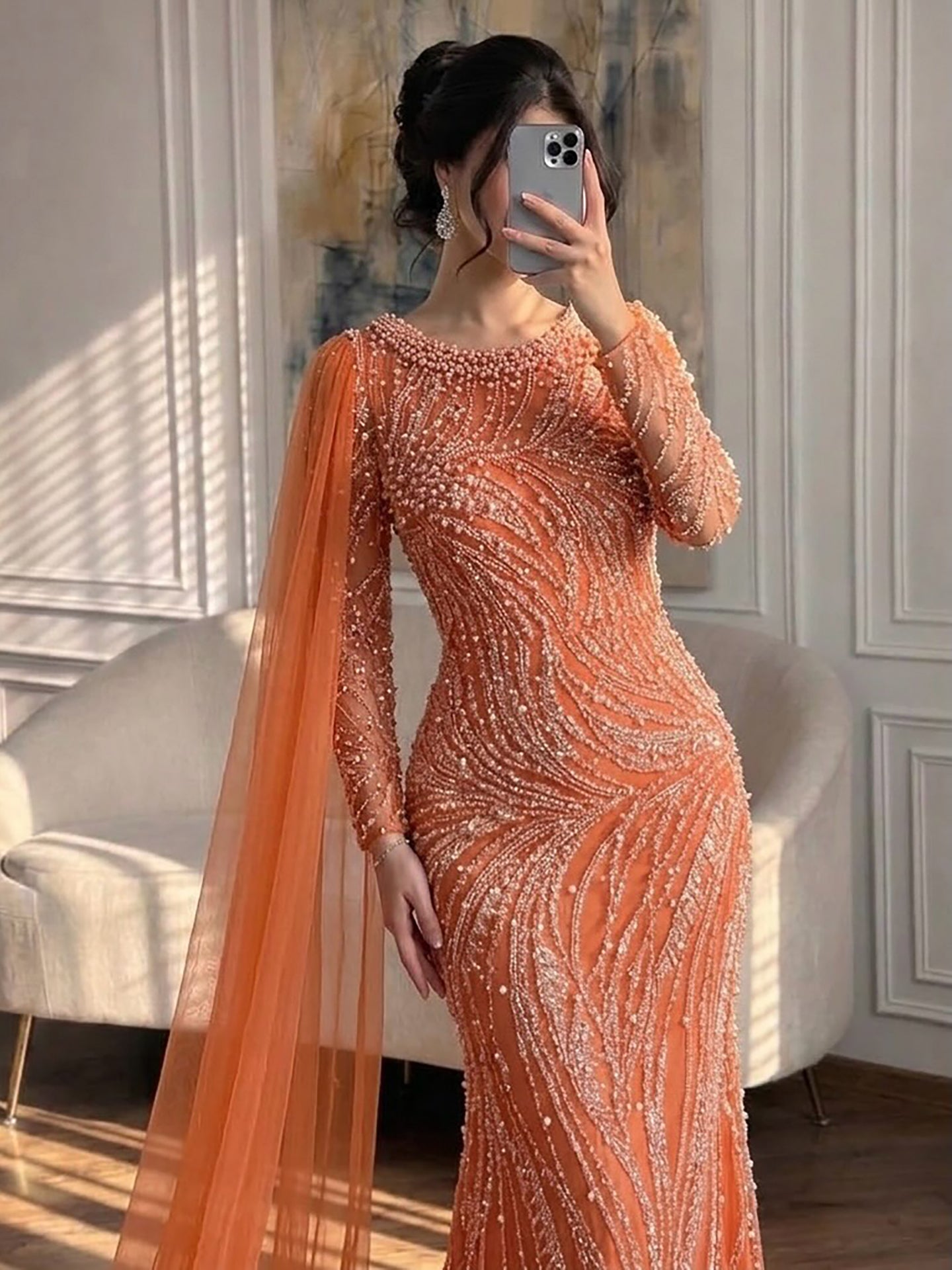 Luxury Orange Beaded Pearl Mermaid Evening Dress With Cloak Split LA72268A