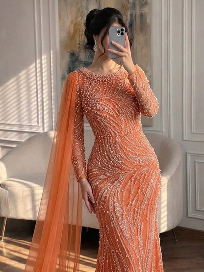 Luxury Orange Beaded Pearl Mermaid Evening Dress With Cloak Split LA72268A