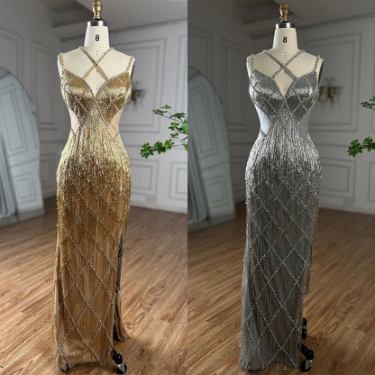 Luxury Gold Luxury Beaded Tassel Spaghetti Strap Mermaid Dress LA72280