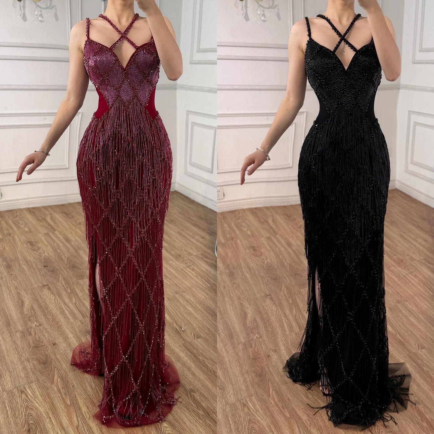 Luxury Gold Luxury Beaded Tassel Spaghetti Strap Mermaid Dress LA72280