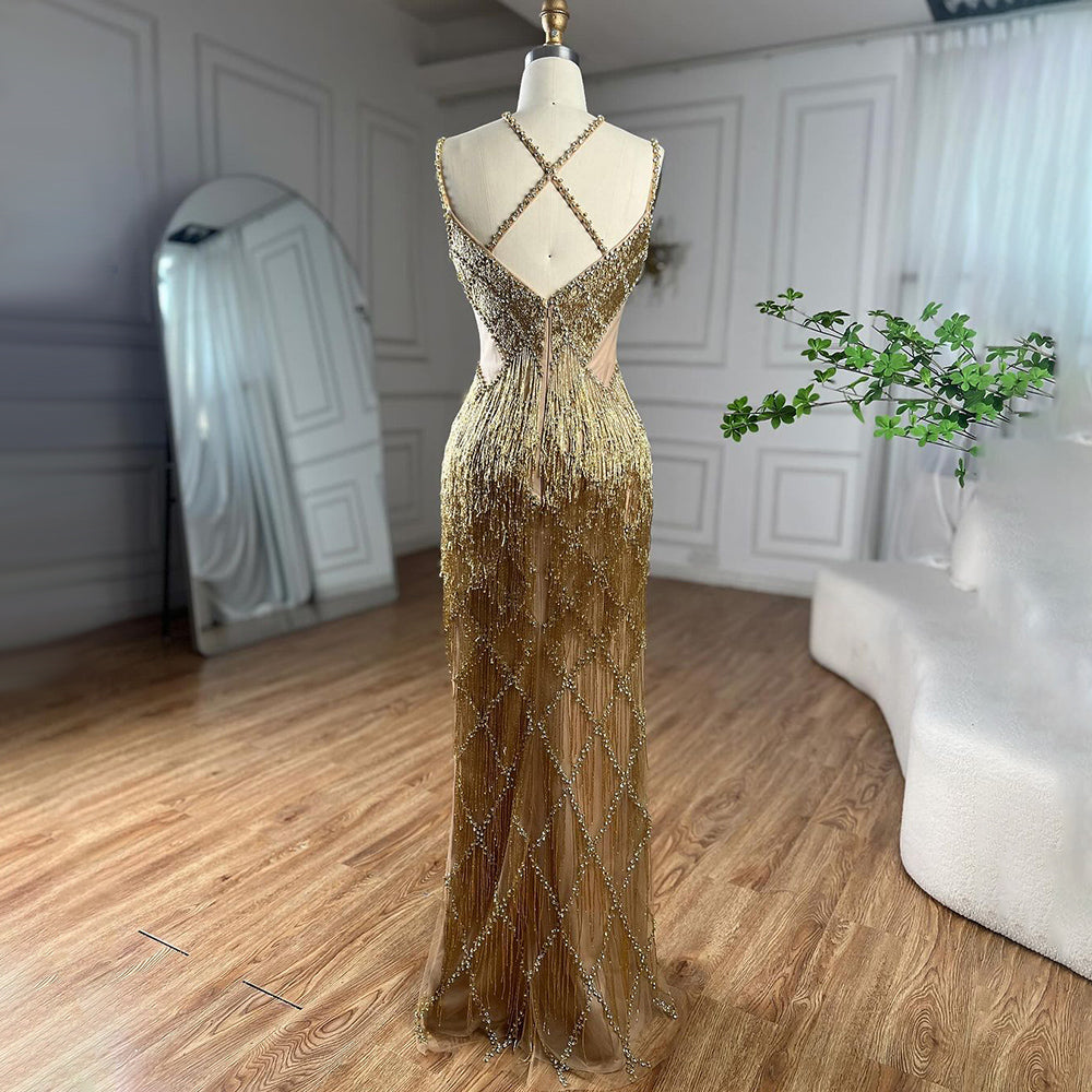 Luxury Gold Luxury Beaded Tassel Spaghetti Strap Mermaid Dress LA72280