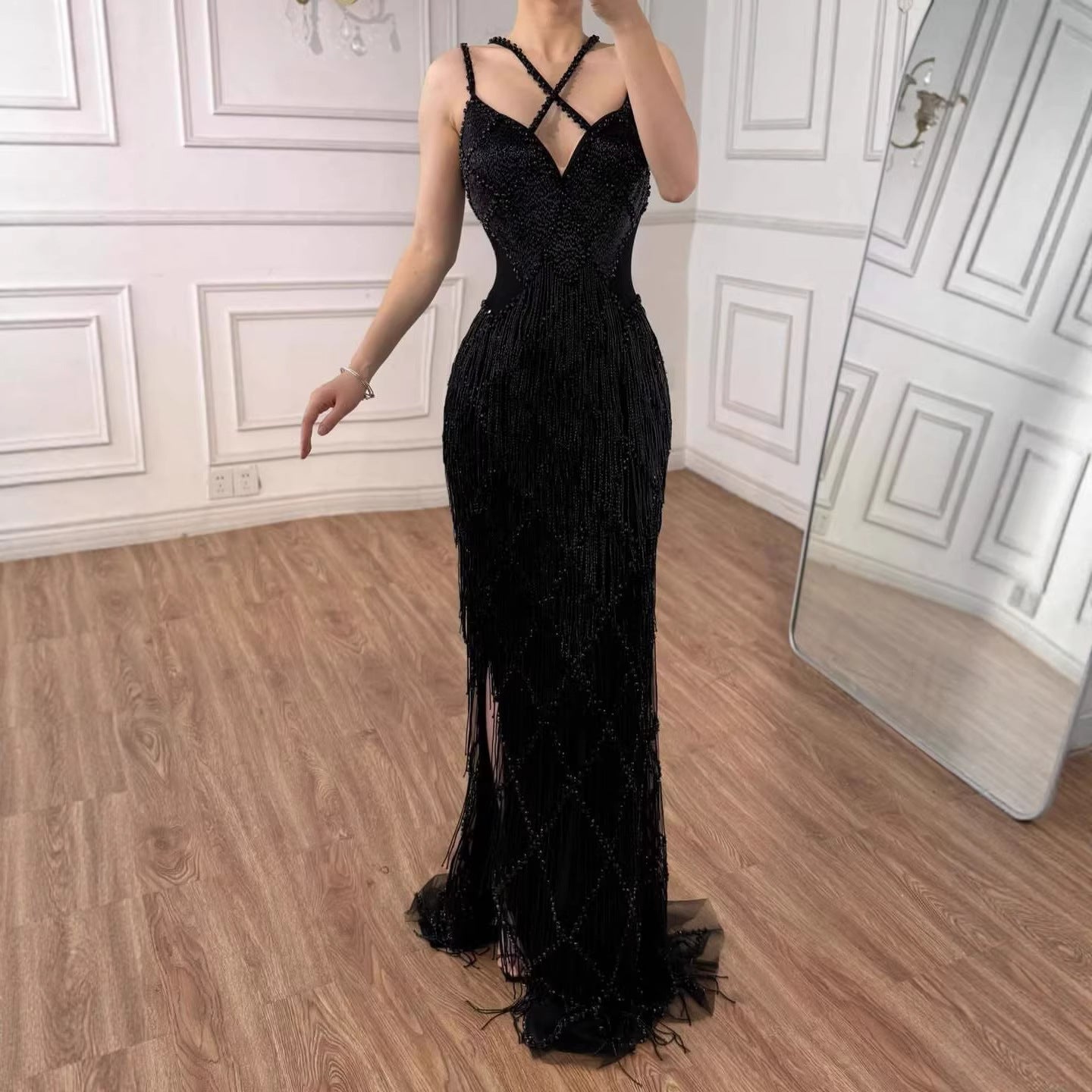 Luxury Gold Luxury Beaded Tassel Spaghetti Strap Mermaid Dress LA72280