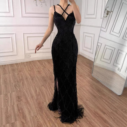 Luxury Gold Luxury Beaded Tassel Spaghetti Strap Mermaid Dress LA72280