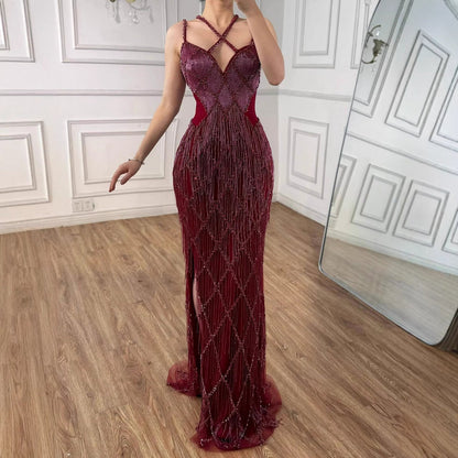 Luxury Gold Luxury Beaded Tassel Spaghetti Strap Mermaid Dress LA72280