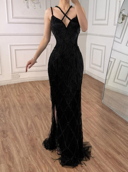 Luxury Gold Luxury Beaded Tassel Spaghetti Strap Mermaid Dress LA72280