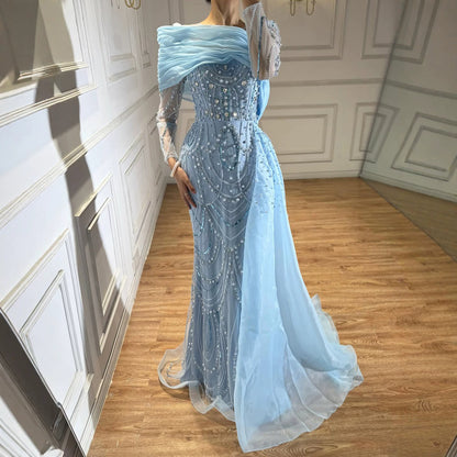 Luxury Designer Nude Crystal Mermaid Evening Dress with Overskirt LA72348