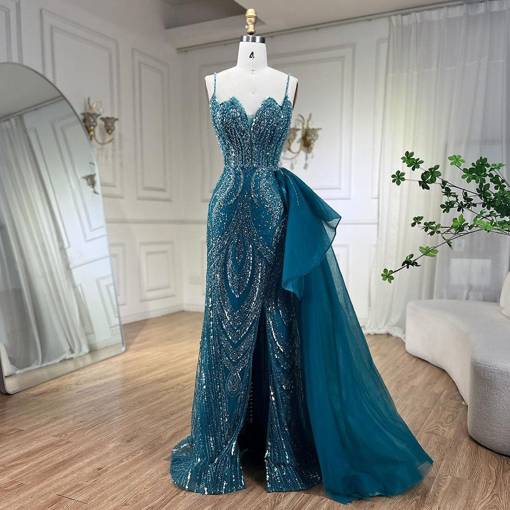 Spaghetti Straps Sage Green Mermaid Evening Dress with Overskirt LA72378