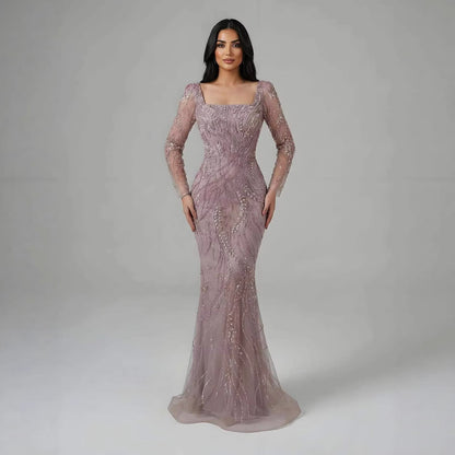 Saudi Arabic Luxury Sage Green Beaded Long Sleeves Mermaid Evening Dress LA72413B