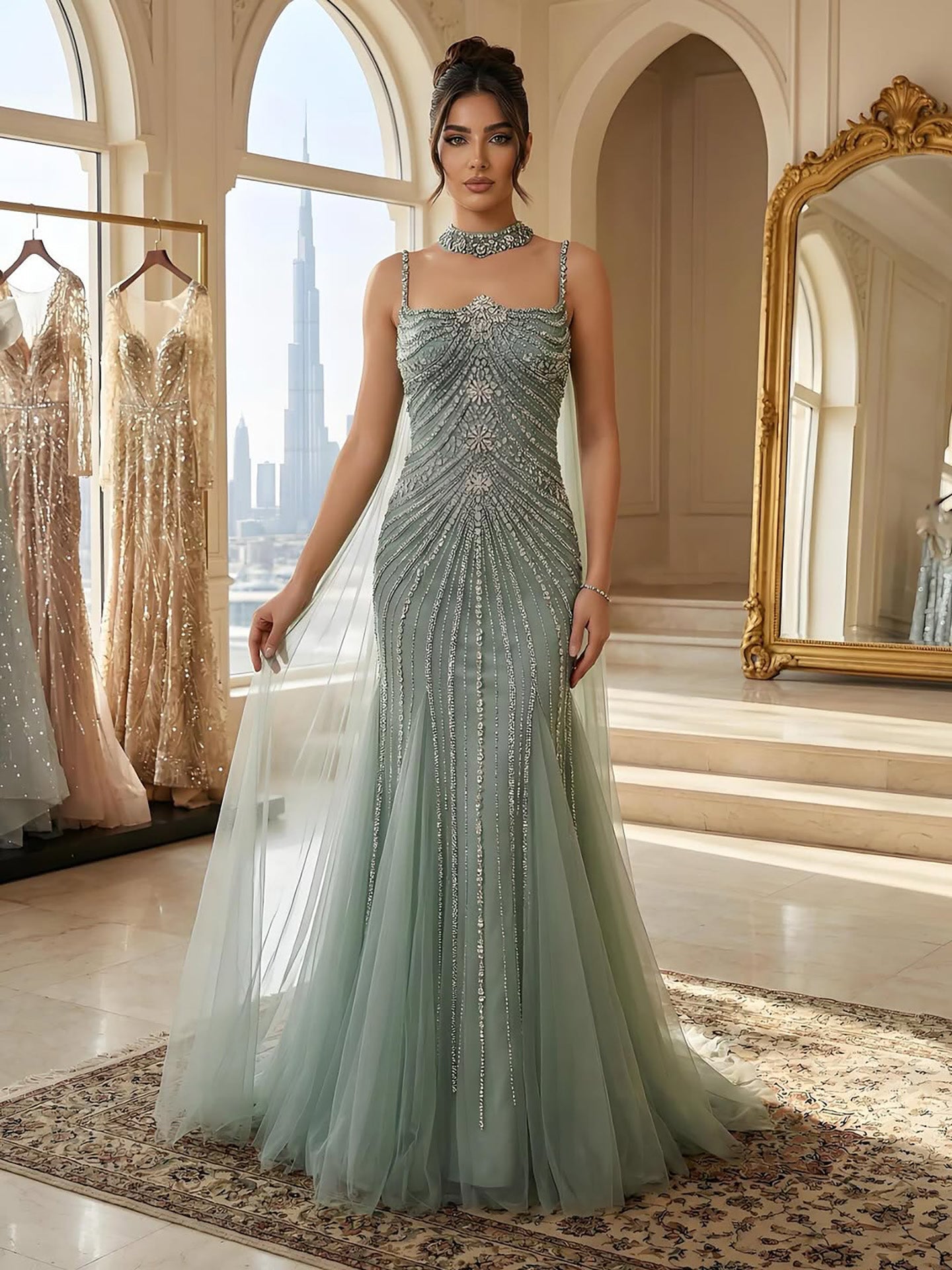 Luxury Navy Blue Mermaid Evening Dress with Chocker Cape LA72440