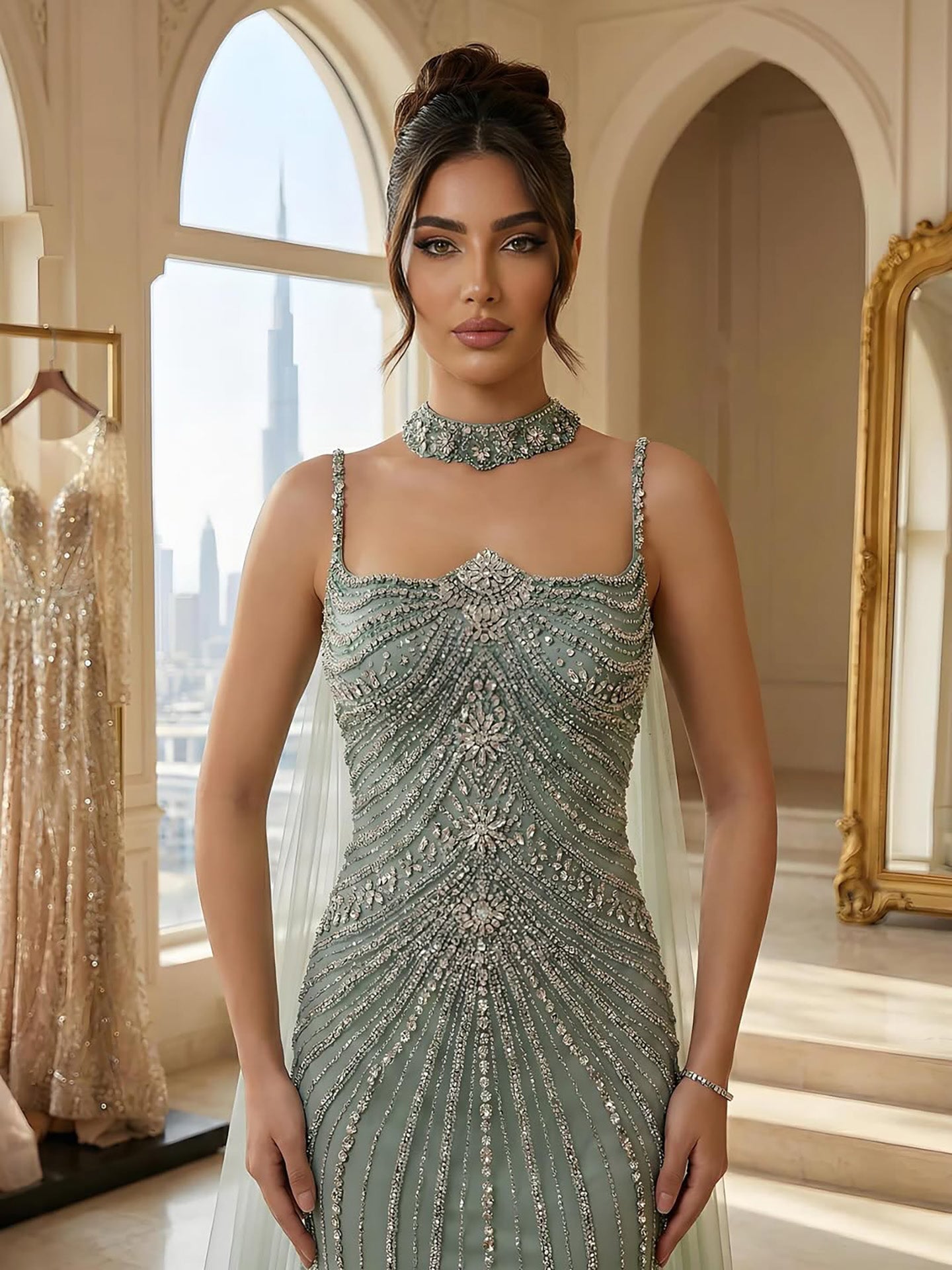 Luxury Navy Blue Mermaid Evening Dress with Chocker Cape LA72440