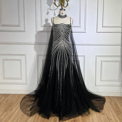 Luxury Navy Blue Mermaid Evening Dress with Chocker Cape LA72440