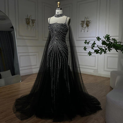 Luxury Navy Blue Mermaid Evening Dress with Chocker Cape LA72440