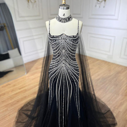 Luxury Navy Blue Mermaid Evening Dress with Chocker Cape LA72440