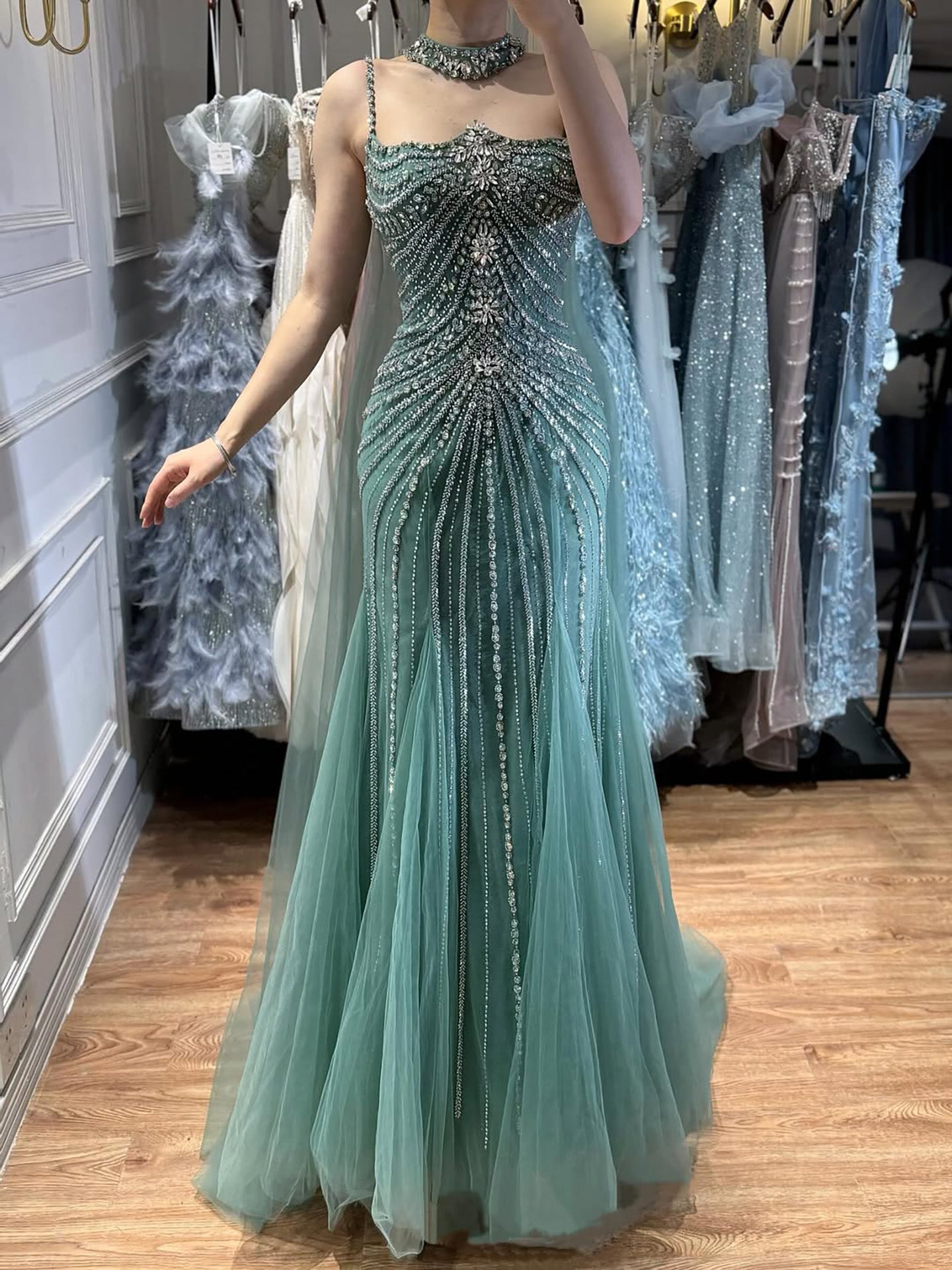 Luxury Navy Blue Mermaid Evening Dress with Chocker Cape LA72440