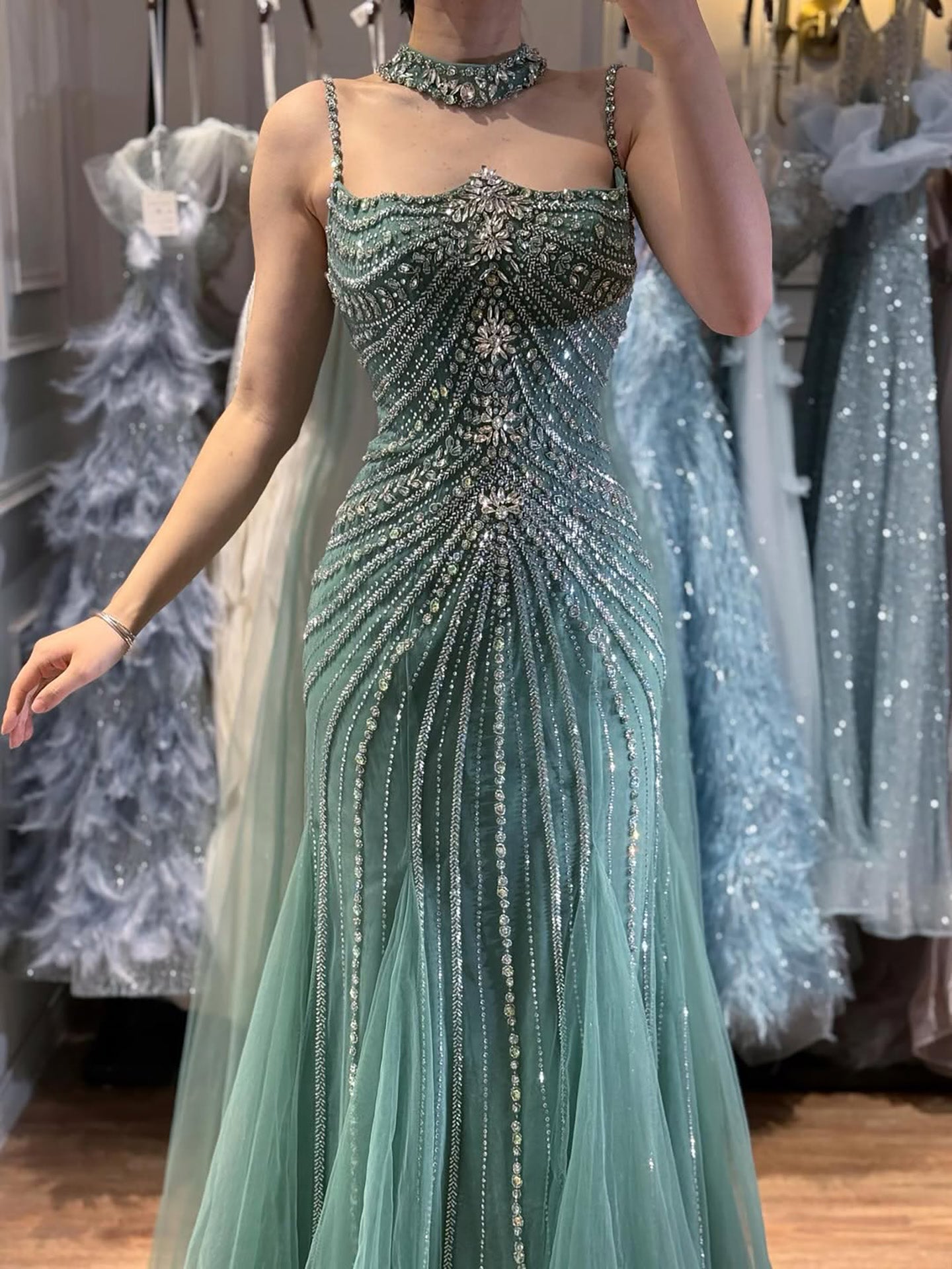Luxury Navy Blue Mermaid Evening Dress with Chocker Cape LA72440