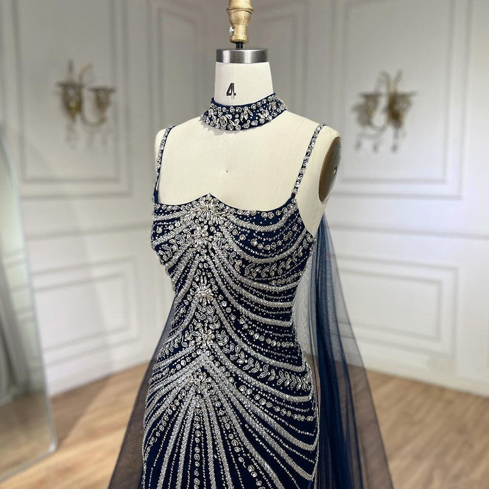 Luxury Navy Blue Mermaid Evening Dress with Chocker Cape LA72440