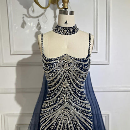 Luxury Navy Blue Mermaid Evening Dress with Chocker Cape LA72440