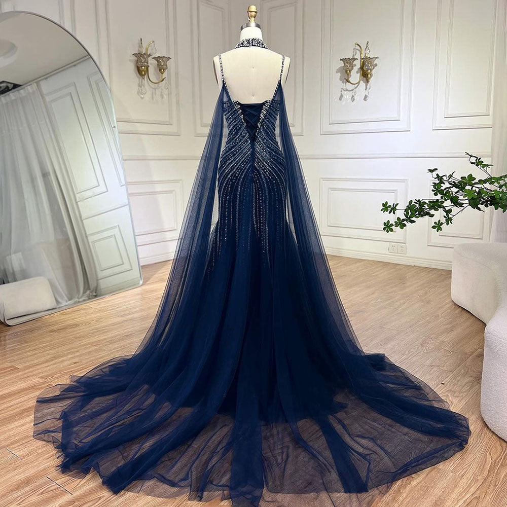 Luxury Navy Blue Mermaid Evening Dress with Chocker Cape LA72440