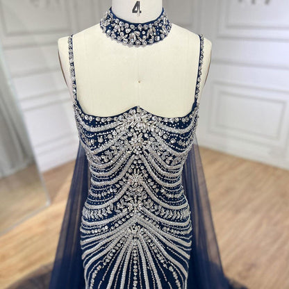 Luxury Navy Blue Mermaid Evening Dress with Chocker Cape LA72440
