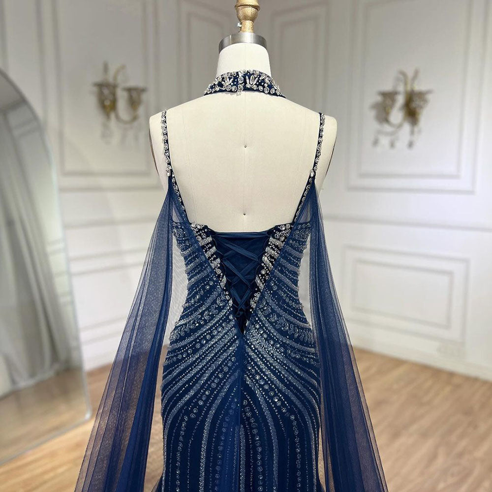 Luxury Navy Blue Mermaid Evening Dress with Chocker Cape LA72440