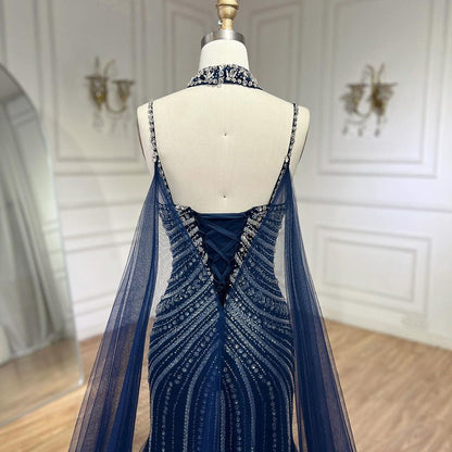 Luxury Navy Blue Mermaid Evening Dress with Chocker Cape LA72440
