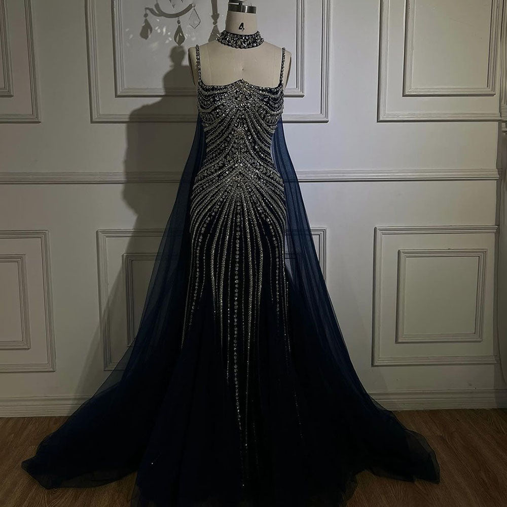 Luxury Navy Blue Mermaid Evening Dress with Chocker Cape LA72440