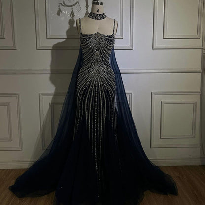 Luxury Navy Blue Mermaid Evening Dress with Chocker Cape LA72440