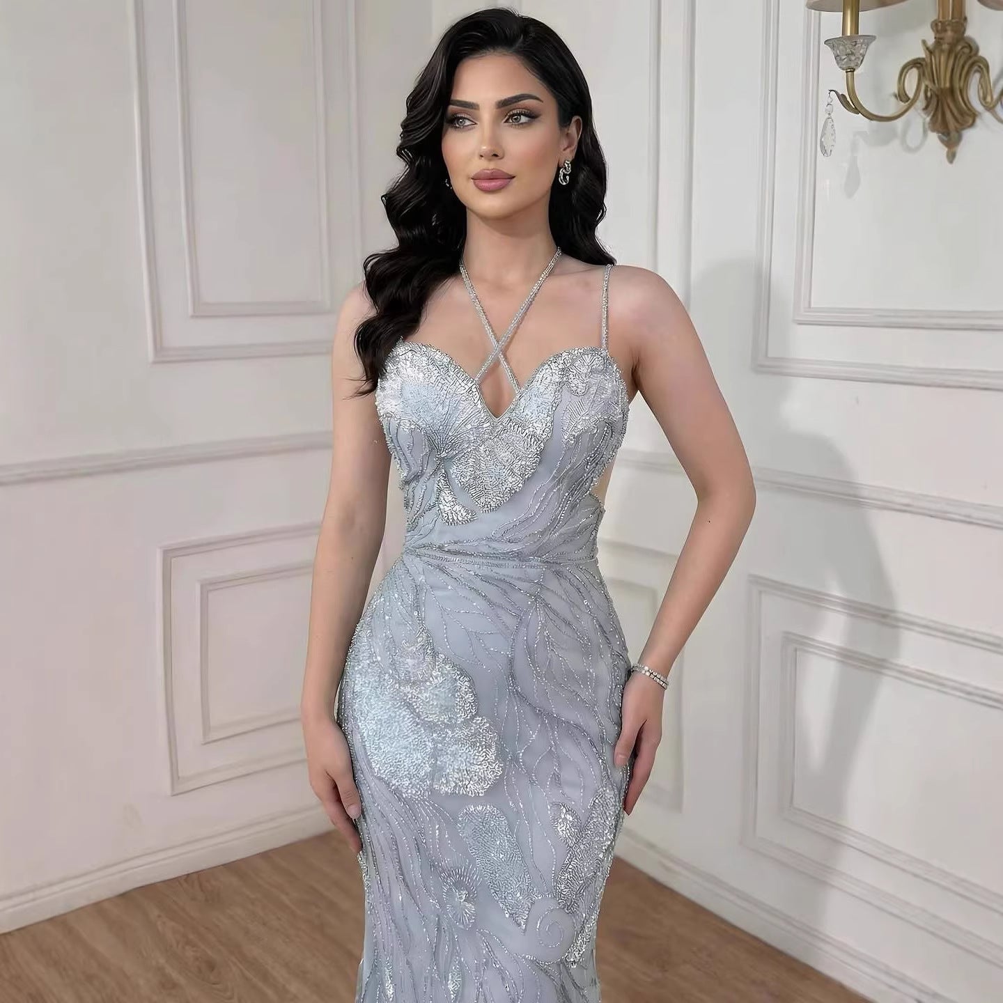 Luxury Pink Beaded Mermaid Evening Dress with Spaghetti Straps LA72492